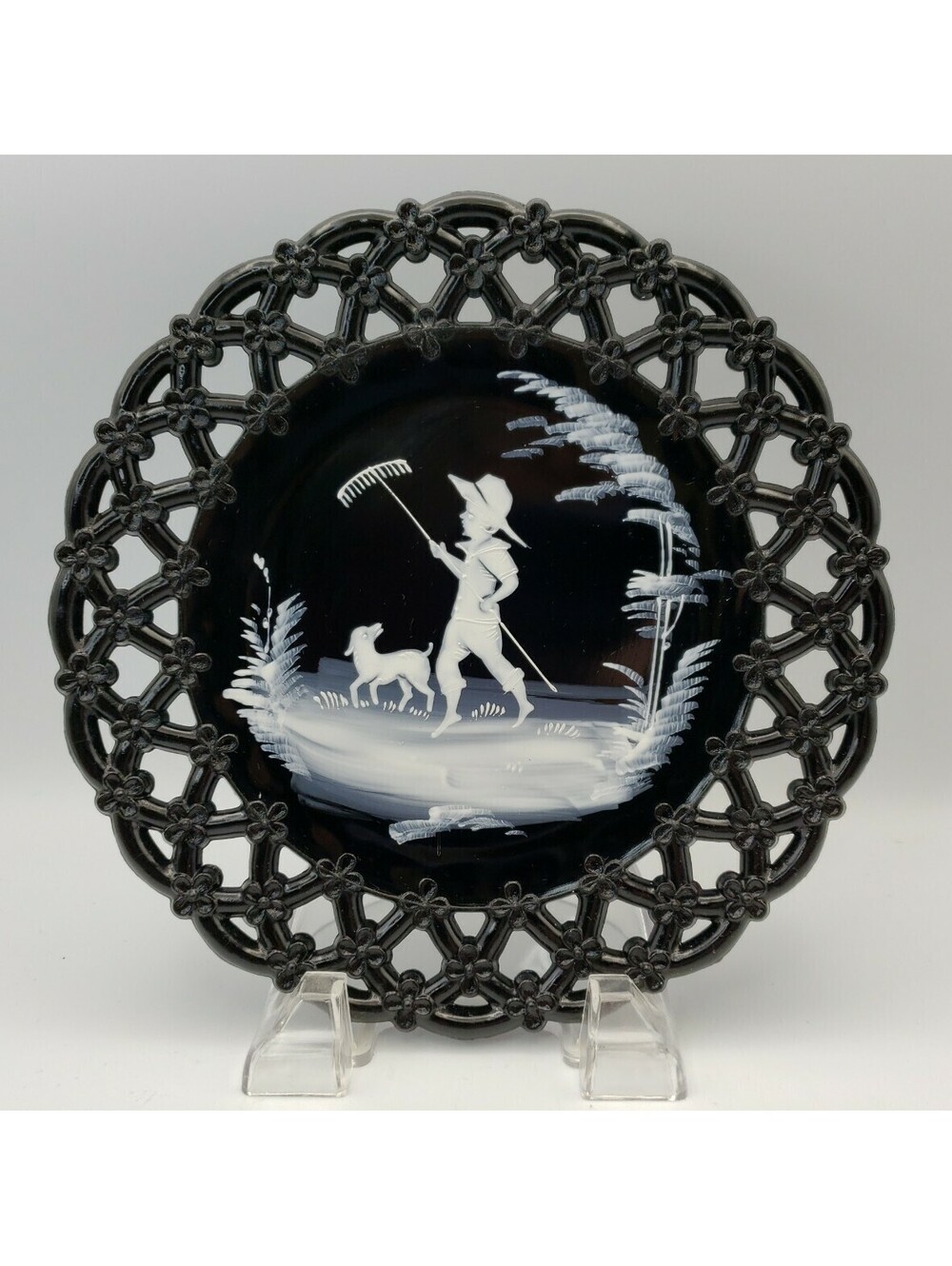 Vintage Westmoreland Mary Gregory Black Glass Reticulated Plate Boy Rake Dog